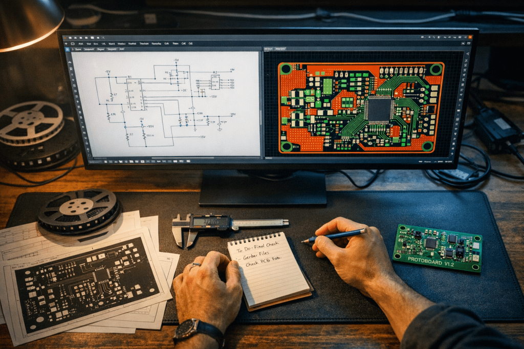 Welke stappen en tools heb je nodig om een PCB design van schema tot productieklare Gerber-bestanden te realiseren?