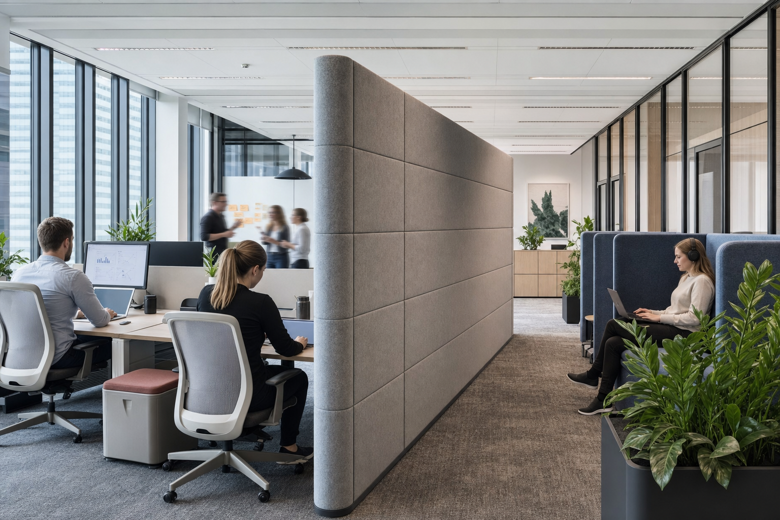 Akoestische scheidingswand in modern kantoor