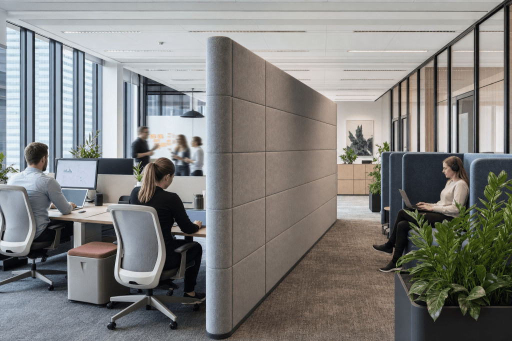 Hoe kies je de juiste akoestische scheidingswand voor een open kantoor (op basis van geluidsabsorptie, hoogte en plaatsing)?